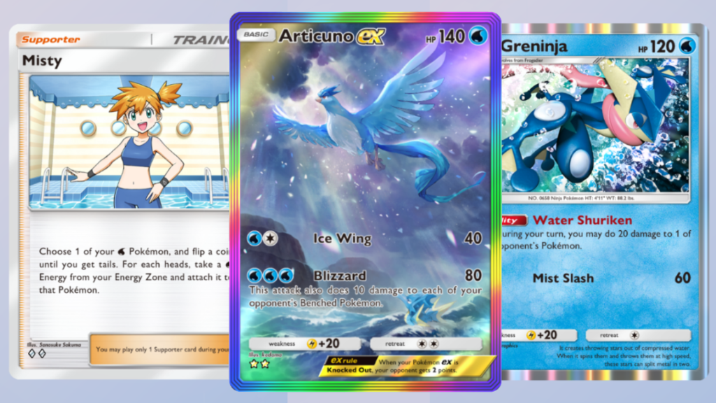 Misty, Articuno ex, and Greninja cards from TCG Pocket