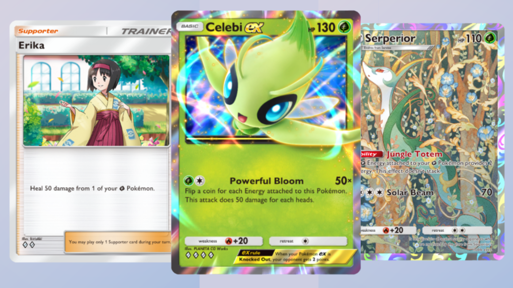 Erika, Celebi ex, and Serperior cards from TCG Pocket