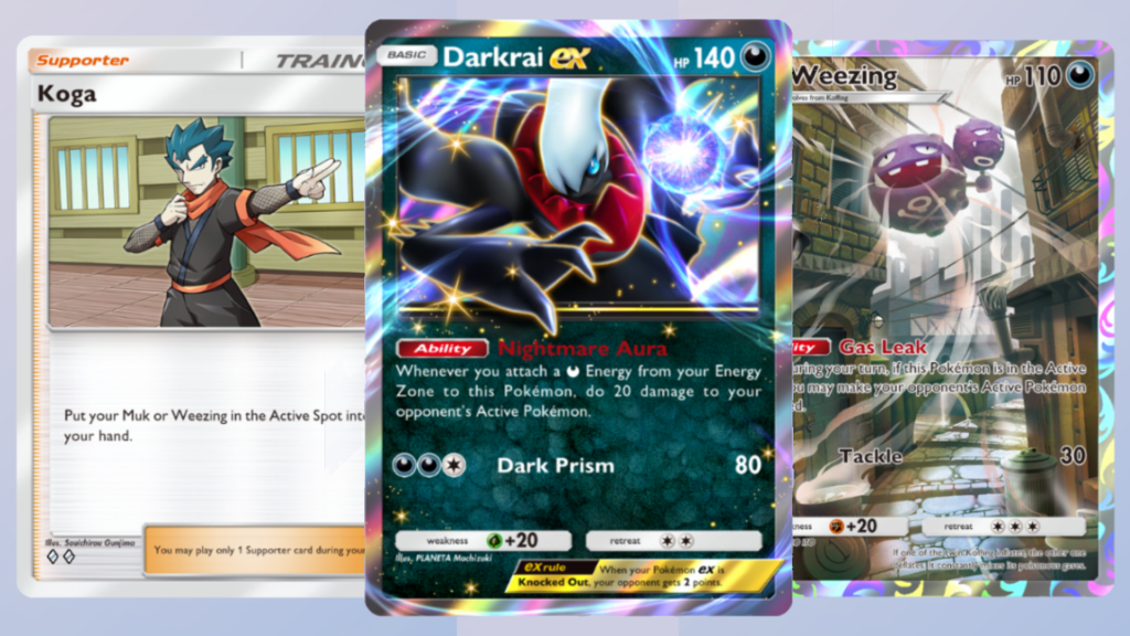 Koga, Darkrai ex and Weezing card from TCG Pocket