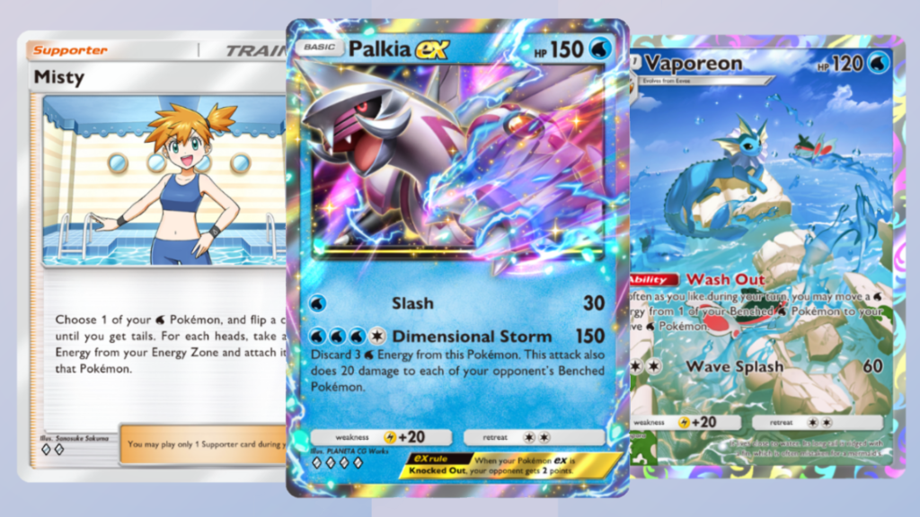 Misty, Vaporeon and Palkia ex card from TCG Pocket.