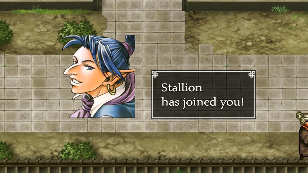 Recruiting Stallion in Suikoden 2, causing the "Stallion has joined you!" text box to appear