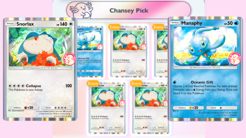 Images from TCG Pocket showing a Chansey Pick of Manaphy and Snorlax promo cards.